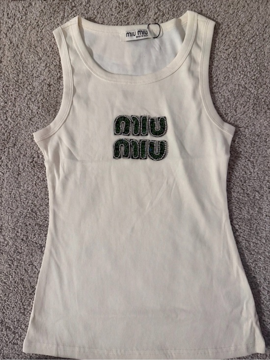 Miu Miu Tops - Miu Miu Cream Ribbed Tank with Green Embellished Logo